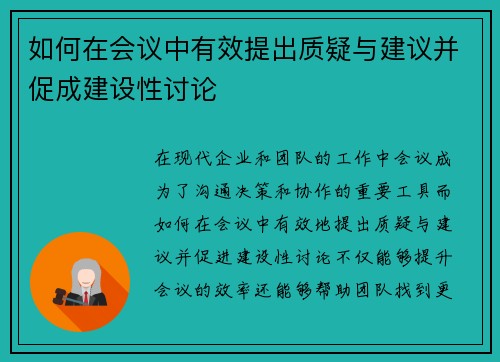 如何在会议中有效提出质疑与建议并促成建设性讨论